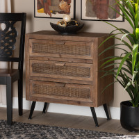 Baxton Studio JYCR19B-002-Rattan-3DW-Cabinet Baxton Studio Calida Mid-Century Modern Whitewashed Natural Brown Finished Wood and Rattan 3-Drawer Storage Cabinet